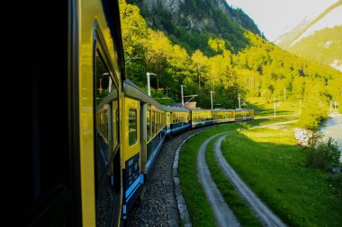 Sarı yeşil tren, Wengernalp 'teki güzel doğal yeşil çayırlar ve dağlardan kıvrımlı bir virajdan geçer. İsviçre' deki İsviçre Alpleri 'nde Wengen ve Kleine Scheidegg arasında bir dağlık alan.