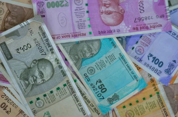 Gros Plan Billets Banque Colorés Monnaie Indienne 100 200 500 — Photo