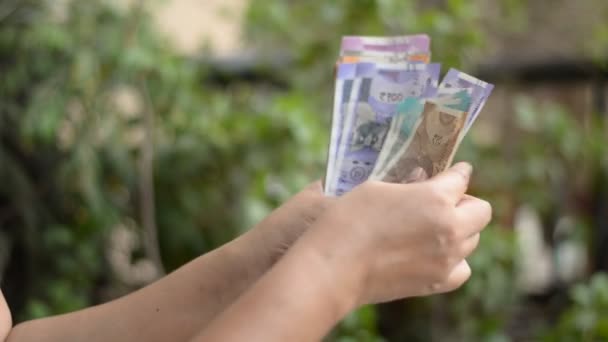 Руки Подсчитывают Новые Разноцветные Индийские Рупии Валютные Ноты Зеленом Фоне — стоковое видео