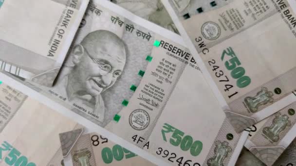 Primer Plano Los Nuevos Billetes Banco Indios 500 Rupias Verdes — Vídeo de stock