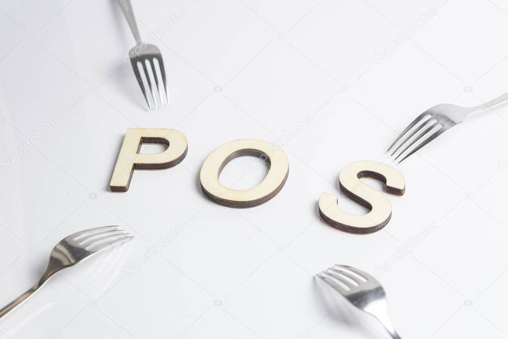 Ethereum Cryptocurrency switching from POW, GPU mining to POS concept with forks around POS sign on white background