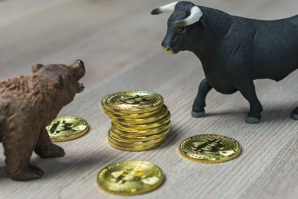 Boğa ve ayı eğilim konsepti ile cryptocurrency Bitcoin fiyatı