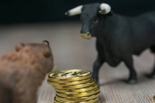 Cryptocurrency Bitcoin pris med bull och bear trend koncept — Stockfoto