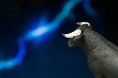 Boğa ile Bitcoin Cryptocurrency arkasında yıldırım ile. Boğa piyasası Wall Street mali kavramı kopya alanı ile.