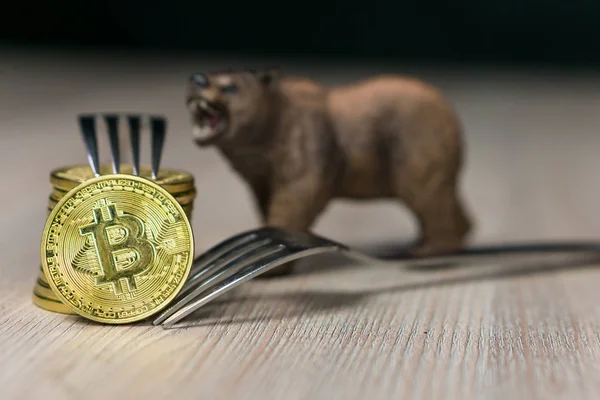 Bitcoin bekommt neue Festgabel Wechselgeld, physische goldene Kryptowährung Münze mit Gabel und Bär daneben — Stockfoto