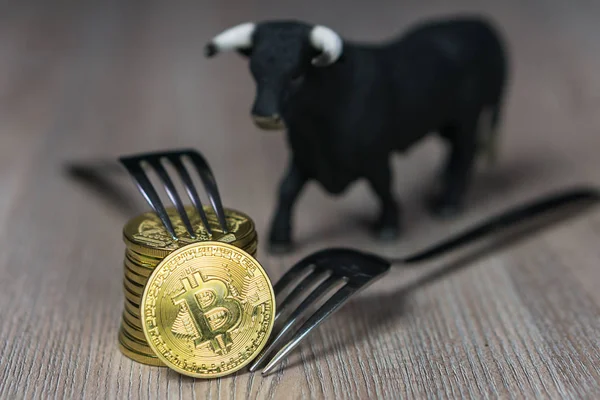 Bitcoin conseguir un nuevo cambio de tenedor duro, monedas de oro fisico critomoneda con tenedor y toro al lado — Foto de Stock