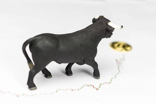 Stier met Bitcoin Cryptocurrency op moederbord van de Computer. Bull markt Wall Street financiële Concept met kopie ruimte. — Stockfoto