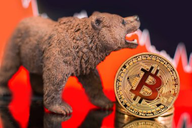 Bitcoin bir kırmızı grafik damla ile. Fiyat çökme ve ayı piyasa eğilim kavramı.
