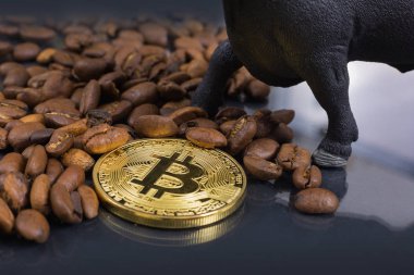 Bitcoin cryptocurrency para ödeme veya kahve için döviz olarak boğa ile