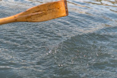 Ahşap kürek kürek için kullanılan closeup fotoğraf. Su, lake Bled güneşli bir kürek kürek
