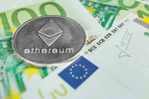 Crypto currency concept - A Ethereum with euro bills — Stock Photo, Image