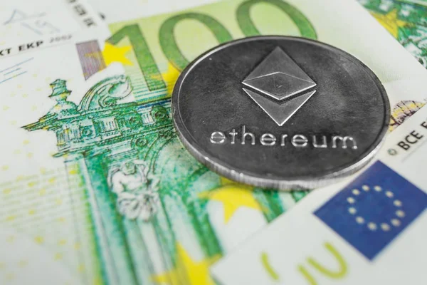 Crypto currency concept - A Ethereum with euro bills — Stock Photo, Image