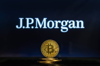 JPMorgan logo Bitcoin cryptocurency para yığını ile bilgisayar ekranında.