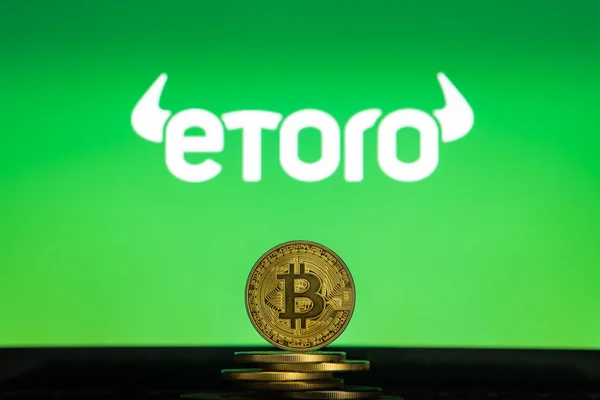 eToro logo Bitcoin cryptocurency para yığını ile bilgisayar ekranında.
