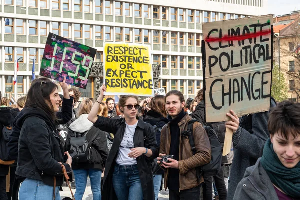 Eslovênia, Liubliana 15.03.2019 - Jovens manifestantes com bandeiras em greve juvenil por marcha climática — Fotografia de Stock