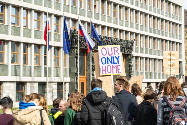 Slovenia, Lubiana 15.03.2019 - Giovani manifestanti con striscioni allo sciopero dei giovani per la marcia climatica — Foto Stock