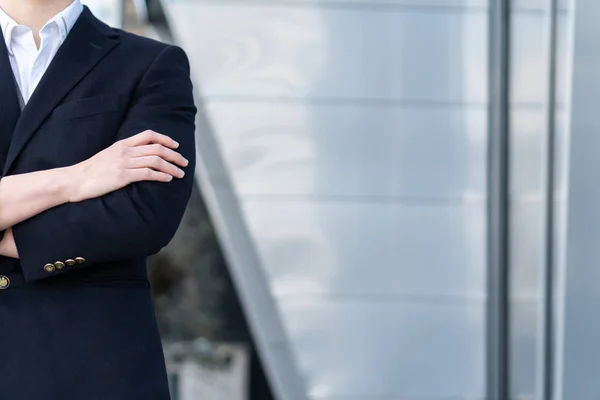 Business man in klassiek zwart pak, shirt Holding handen gevouwen prestatie carrière Wealth business concept. ruimte kopiëren — Stockfoto