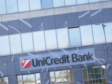 Unicredit bank sign on a building clipart