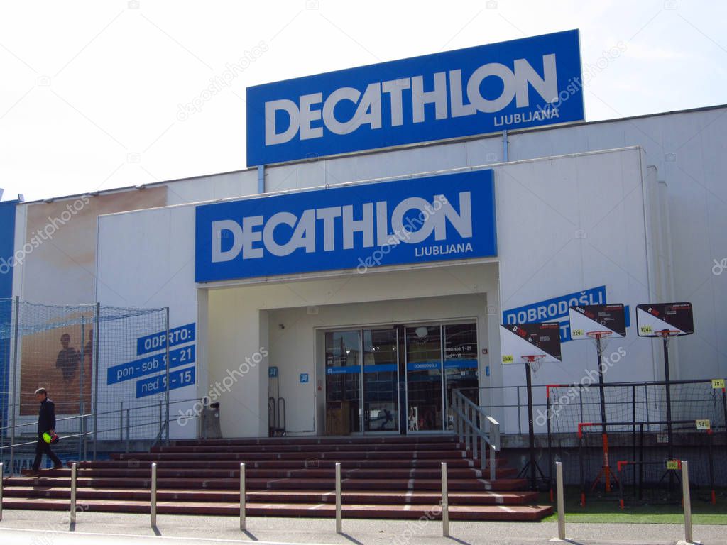 LJUBLJANA, SLOVENIA - MARCH 22 2019: Decathlon sign on a wall. Decathlon is a french company and one of the worlds largest sporting goods retailers