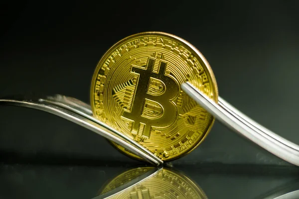 Bitcoin cryptocurreny coin placed between forks with reflection, hard fork — Stock Photo, Image