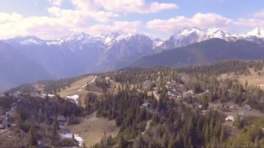 Ladin, küçük evler ve arka dağlarla dolu güzel Velika planina üzerinde uçan. Hava kamerası çekimi. Manzara panorama güneşli bir gün. Slovenya
