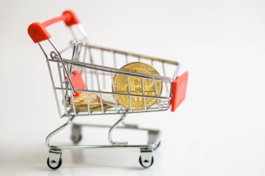 Alışveriş arabası sepeti sikke bitcoin, kripto para birimi için mal satın alma ile.