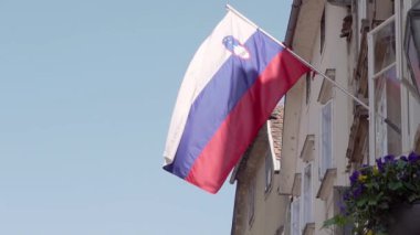 Slovenya Cumhuriyeti'nin ulusal bayrağı güneşe ve mavi gökyüzüne karşı bir dairenin önünde sallanıyor. Slowmotion