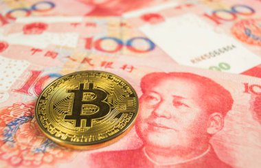Kripto para birimi kavramı - A Bitcoin ile Chinece para birimi Renminbi, Rmb yuan
