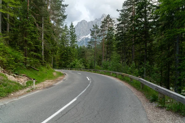 Vacker väg för bilar i skogen med berg i ryggen — Stockfoto