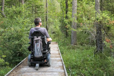 Man on a wheelchair in a forest. clipart