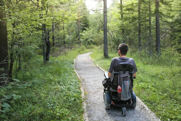 Man on a wheelchair in a forest. — Stock Photo, Image