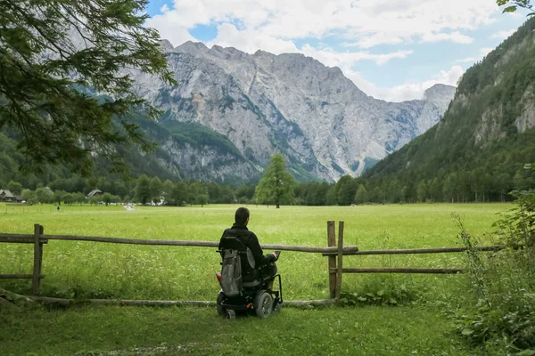 Hombre en silla de ruedas en un bosque . —  Fotos de Stock