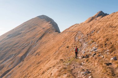 Yürüyüşçü engebeli bir yamaçta, berrak bir sonbahar gününde, göz kamaştırıcı dağ manzaralarıyla çevrili engebeli bir patikada gezinir..