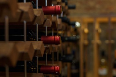 A collection of wine bottles with red caps arranged on wooden shelving in a rustic wine cellar setting.