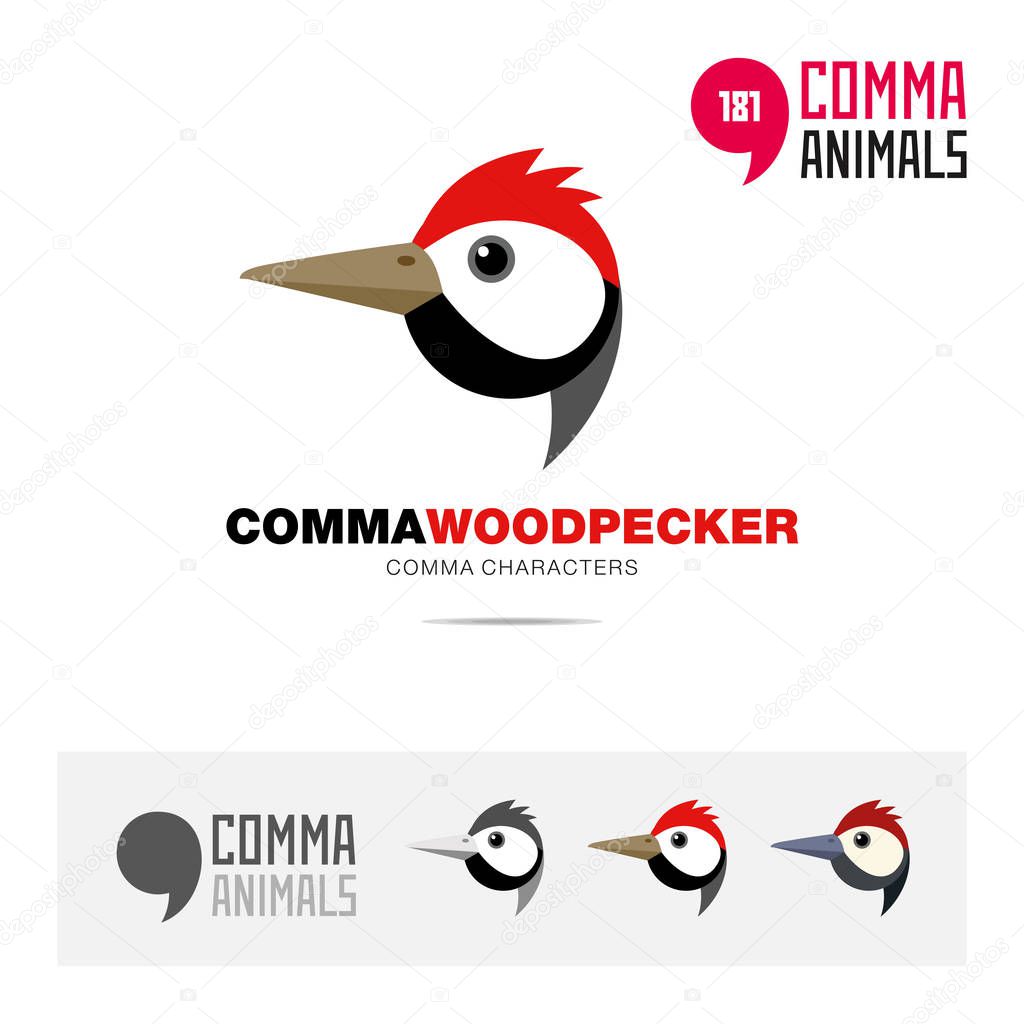 Woodpecker dryocopus pileatus bird concept icon set and modern brand identity logo template and app symbol based on comma sign