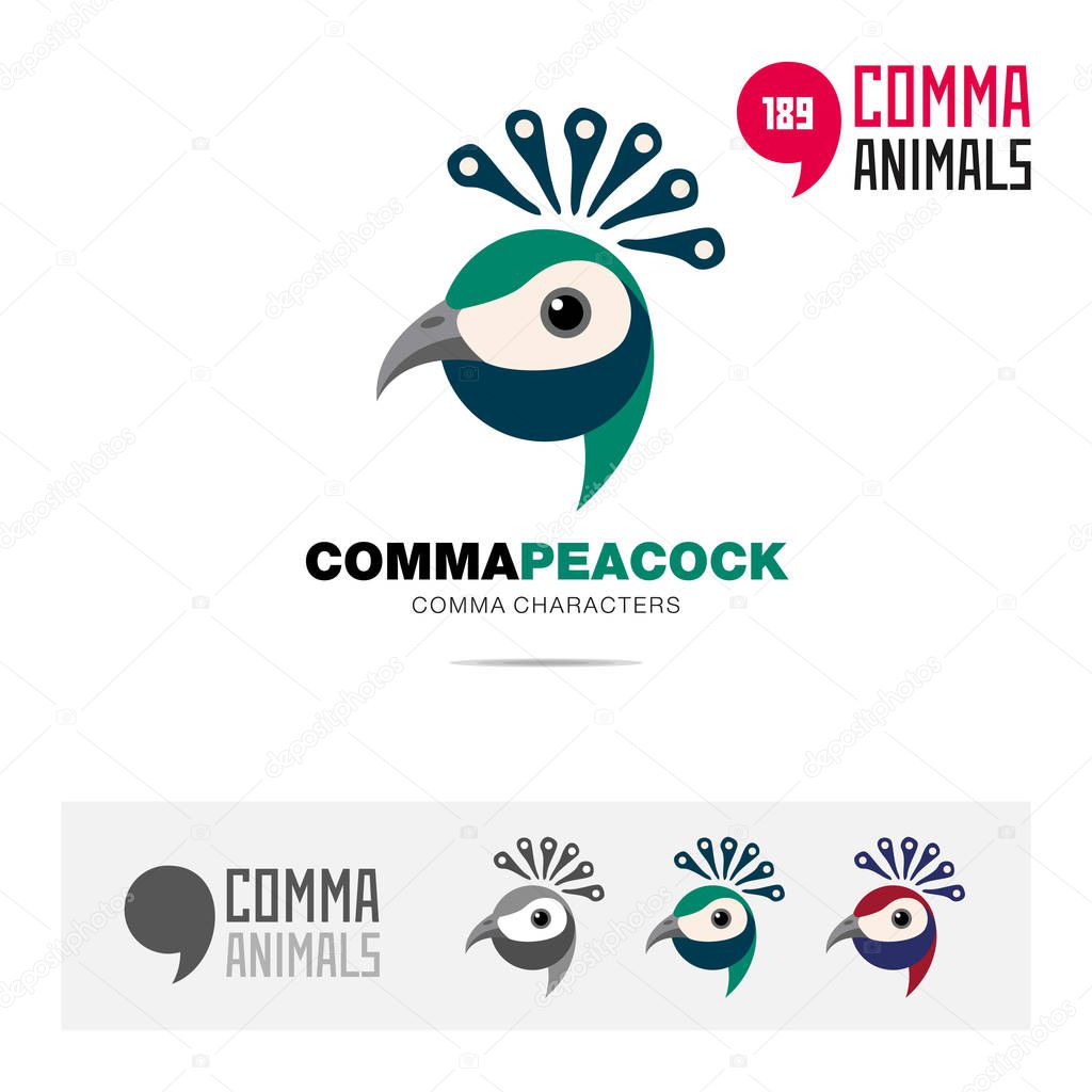 Peacock bird concept icon set and modern brand identity logo template and app symbol based on comma sign