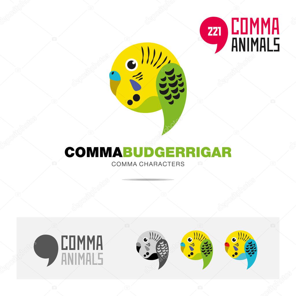 Budgerrigar wavy parrot bird concept icon set and modern brand identity logo template and app symbol based on comma sign