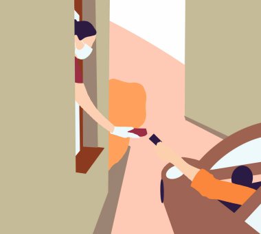 Koruyucu maske ve eldiven personeli. Arabadan uygun bir ödeme, kredi kartı için ödeme yapılan sistemde posizyon terminali kullanılıyor..