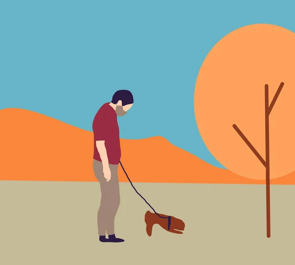 Чоловік Ходить Собакою Медичній Масці Обличчя Громадському Парку Осіннього Дня — стокове фото