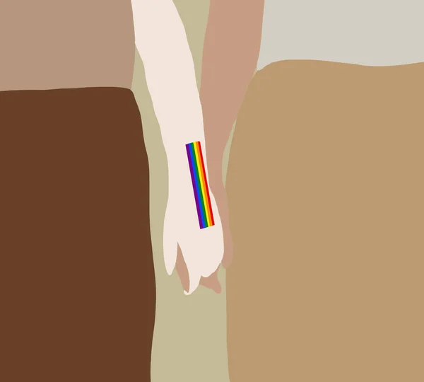Close Happy Black Caucasian Lesbian Couple Holding Hands Rainbow Flag — Stock Photo, Image