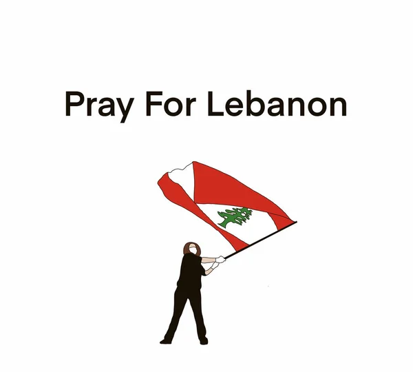 A woman wear face mask and hand glove holding a Lebanese flag for help massive explosion on Beirut. concept of praying, mourn, humanity and peace. pray for lebanon concept