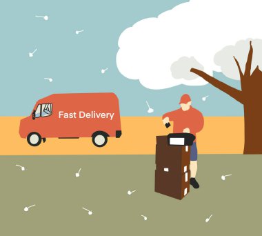 Kırmızı üniformalı bir kurye, paket kutularında barkod taraması yapıyor. Olgun bir adam, teslimat listesini minibüste güncelliyor. Dünya çapında nakliye. Sonbahar gününde hızlı ve ücretsiz ulaşım.