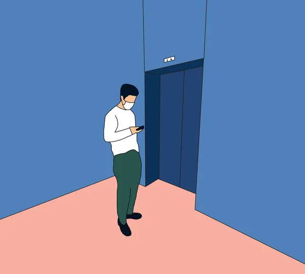 Людина Захисній Масці Захисту Коронавірусу Чекає Використання Ліфта Нова Нормальна — стокове фото