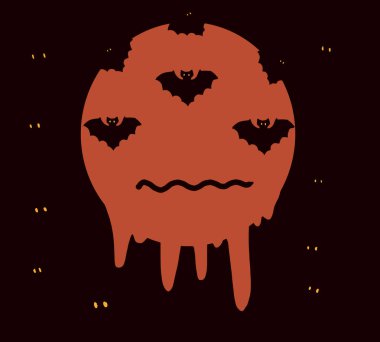 Cadılar Bayramı yarasaları turuncu dolunayla ürkütücü ormanda uçuyor. Fotokopi alanı dekorasyonu ve korku konseptiyle Cadılar Bayramı vektör arkaplanı . 