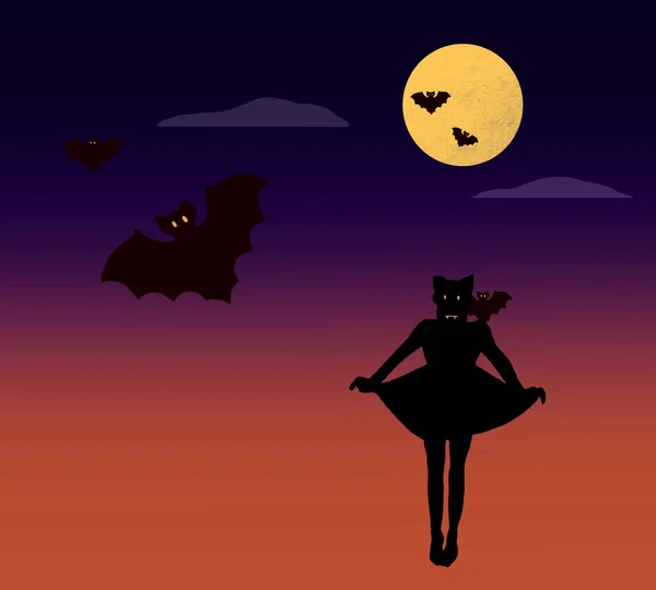 恐怖的万圣节女巫和蝙蝠在黑暗魔法森林的背景下在月光下跳舞 庆祝会之间的贺卡和派对海报之间的节日元素 — 图库照片