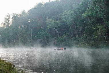 Orman Gölü 'nde sabahın erken saatlerinde, su üzerinde bulutlu bir sis, Tayland yazı seyahati. Güzel manzaralı doğa.