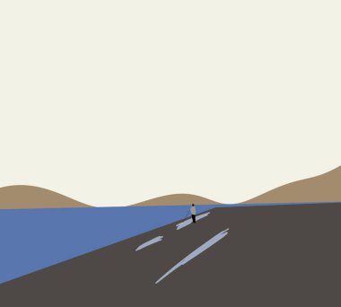 Sakin göl kenarındaki ıslak zemini dağ manzaralı bir adam temizliyor. İşçi sokak temizleme endüstrisi. Asgari sanat tasarımı.