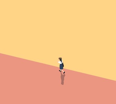 Asyalı okul üniformalı bir öğrenci şehir caddesinde yürüyor. Okul konseptine geri dönüş eğitimi. Kentsel yaşam tarzı.