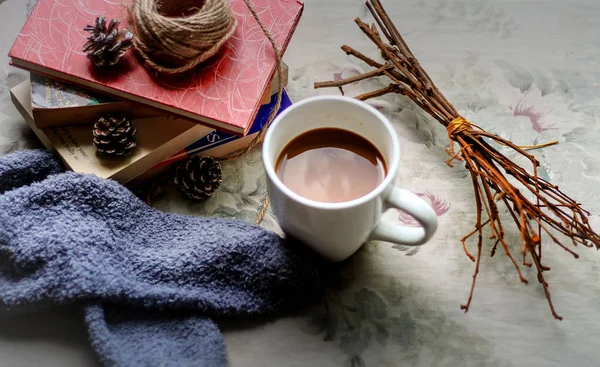 Still Life Photography Coffee Books Show Concept Cafe Culture Comfort — Stock Photo, Image