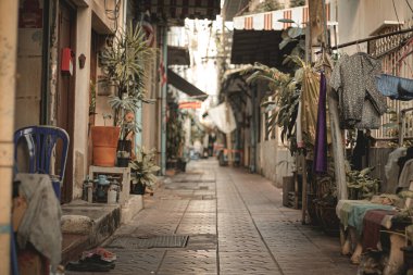 Empty deserted alleyways of Chinatown (Yaowarat Road) in Bangkok, Thailand during the lock down and home quarantine due to the covid-19 pandemic showing the new normal life clipart